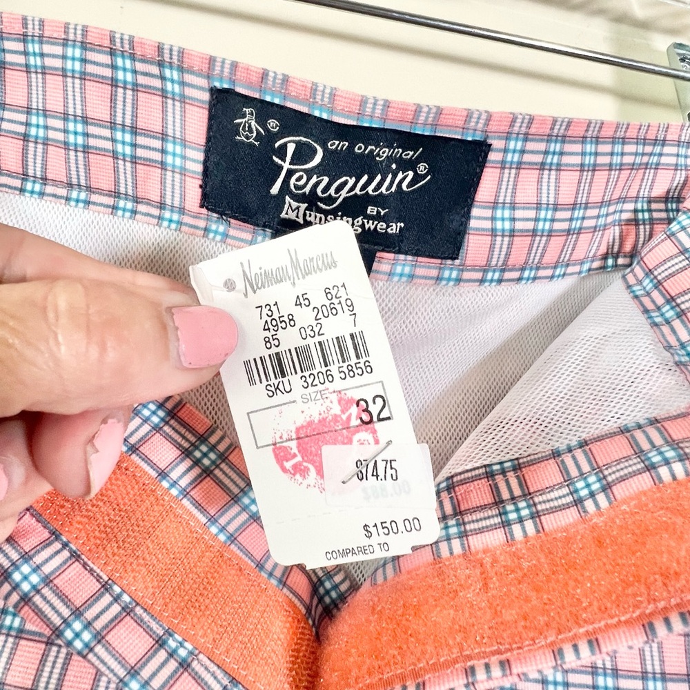 NWT Original Penguin Men's Hybrid Swim Trunks 32 Coral Blue Plaid Board Shorts - Picture 4 of 14